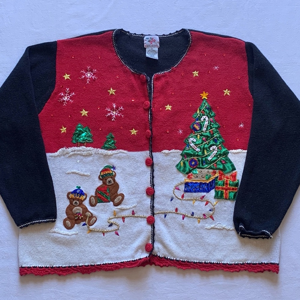 Nutcracker Vintage Ugly Christmas Holiday Sweater Teddy Bears Tree Sequins 2X-3X - Picture 4 of 16